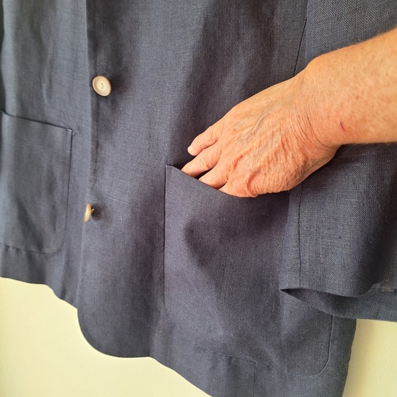 LL Bean Linen Blazer Navy Blue 16 Petite Classic 3 Button Style w/ Pockets 🌟 - Picture 5 of 5